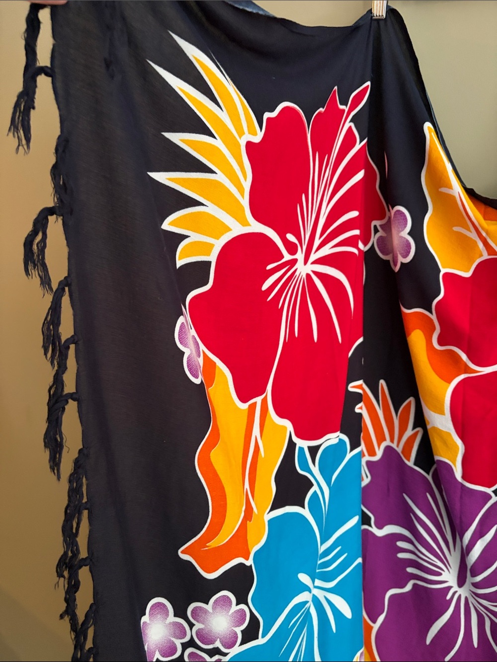 Vibrant Floral Beach Sarong — Black with Red, Purple Orange & Teal Flowers - Picture 4 of 7